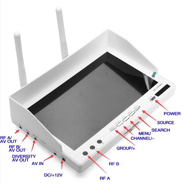 RX LCD 5802 5.8GHz LCD Diversity Receiver 7 Inch Monitor White