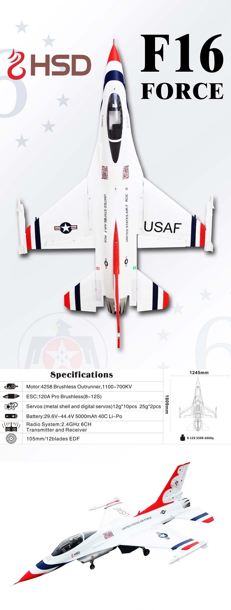 HSD F-16 F16 Thunderbirds 105mm EDF PNP With Stabilizer