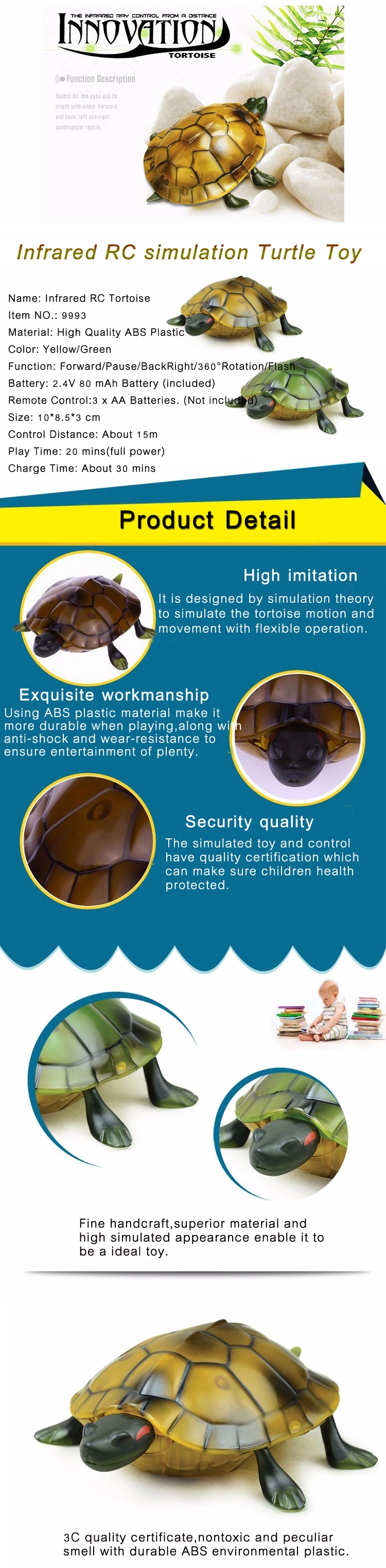 Infrared Electric RC Tortoise Simulation Remote Control Turtle Kid Toy