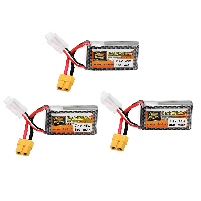 3Pcs ZOP Power 7.4V 850mAh 45C 2S Lipo Battery XT60 Plug for Drone