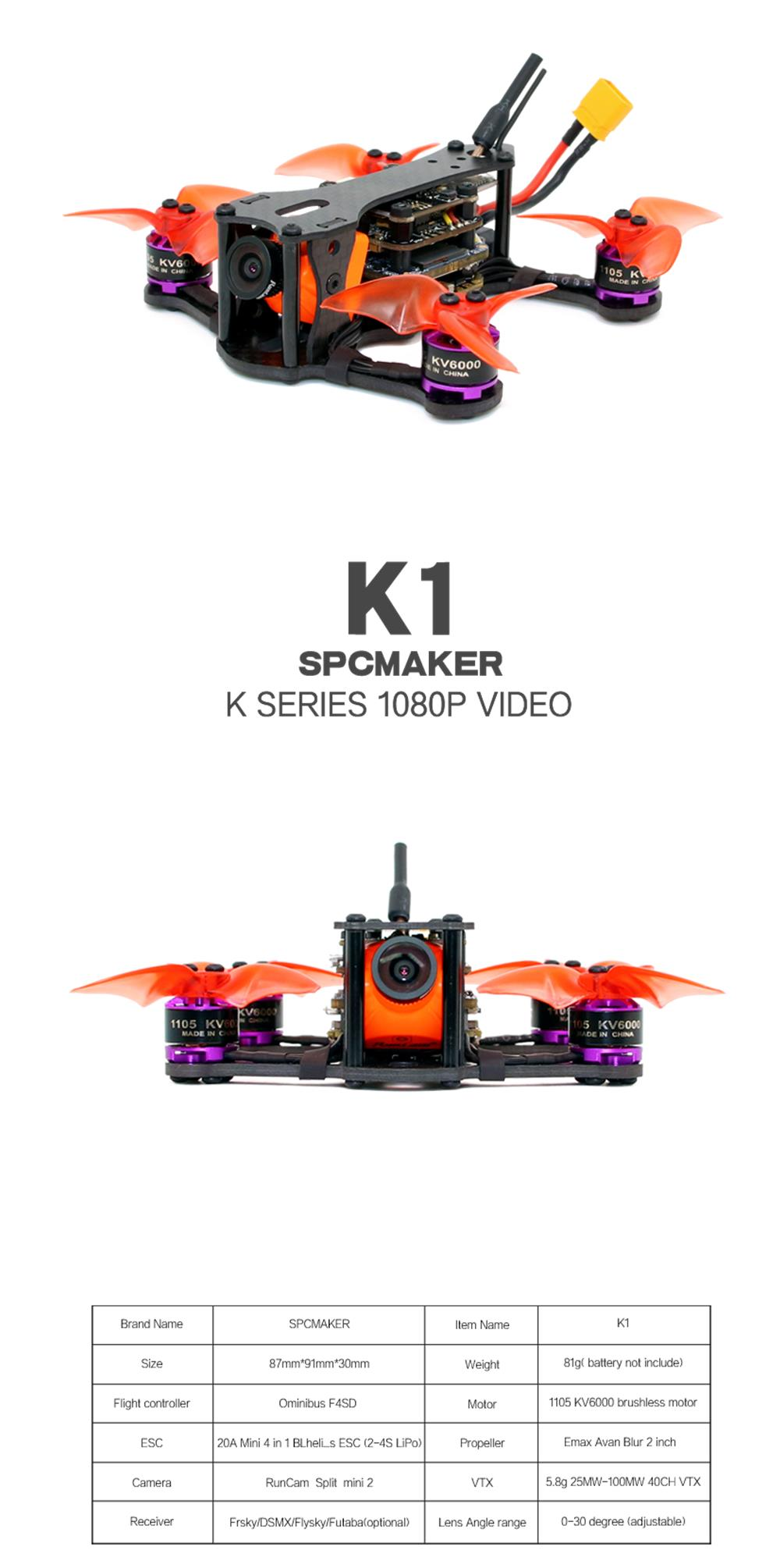 SPCMaker SPC K1 95mm Omnibus F4 20A BL_S FPV Racing Drone PNP BNF w/ RunCam Split Mini 2 Camera