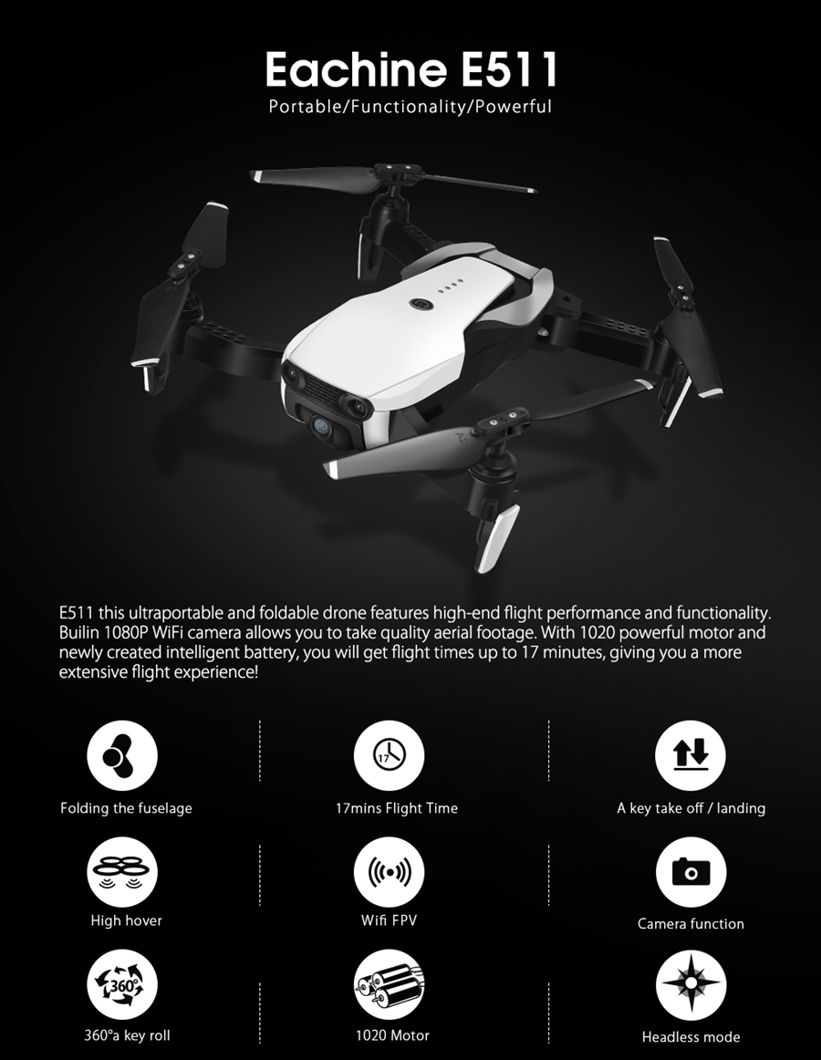 Eachine E511 WIFI FPV With 1080P Camera 17mins Flight Time High Hold Mode Foldable RC Quadcopter RTF