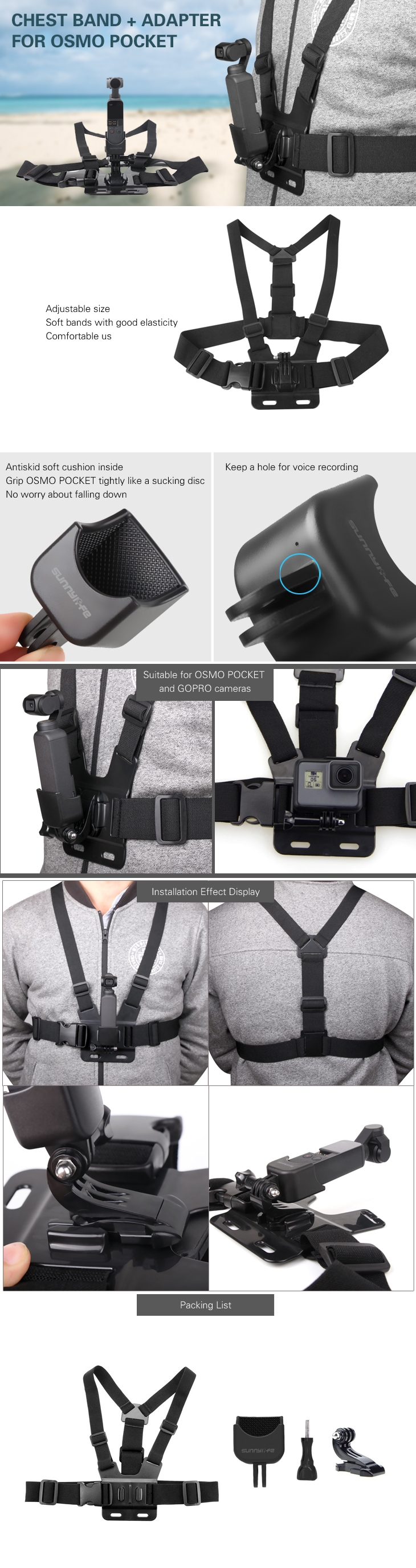 Sunnylife Camera Chest Strap Belt Mount Strap+Adapter for DJI OSMO POCKET & GOPRO