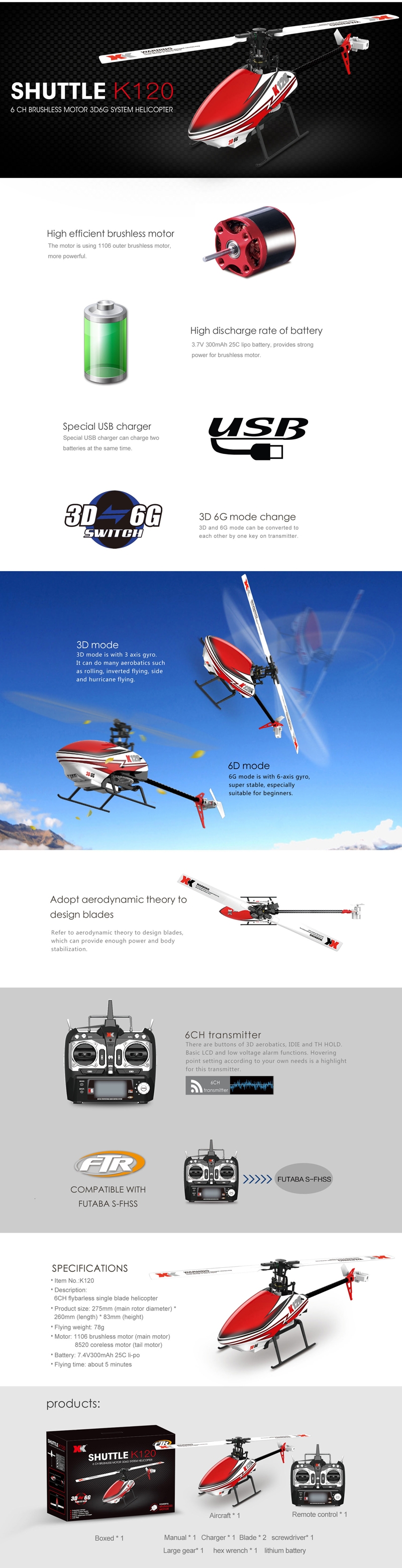 XK K120 Shuttle 6CH Brushless 3D6G System RC Helicopter RTF